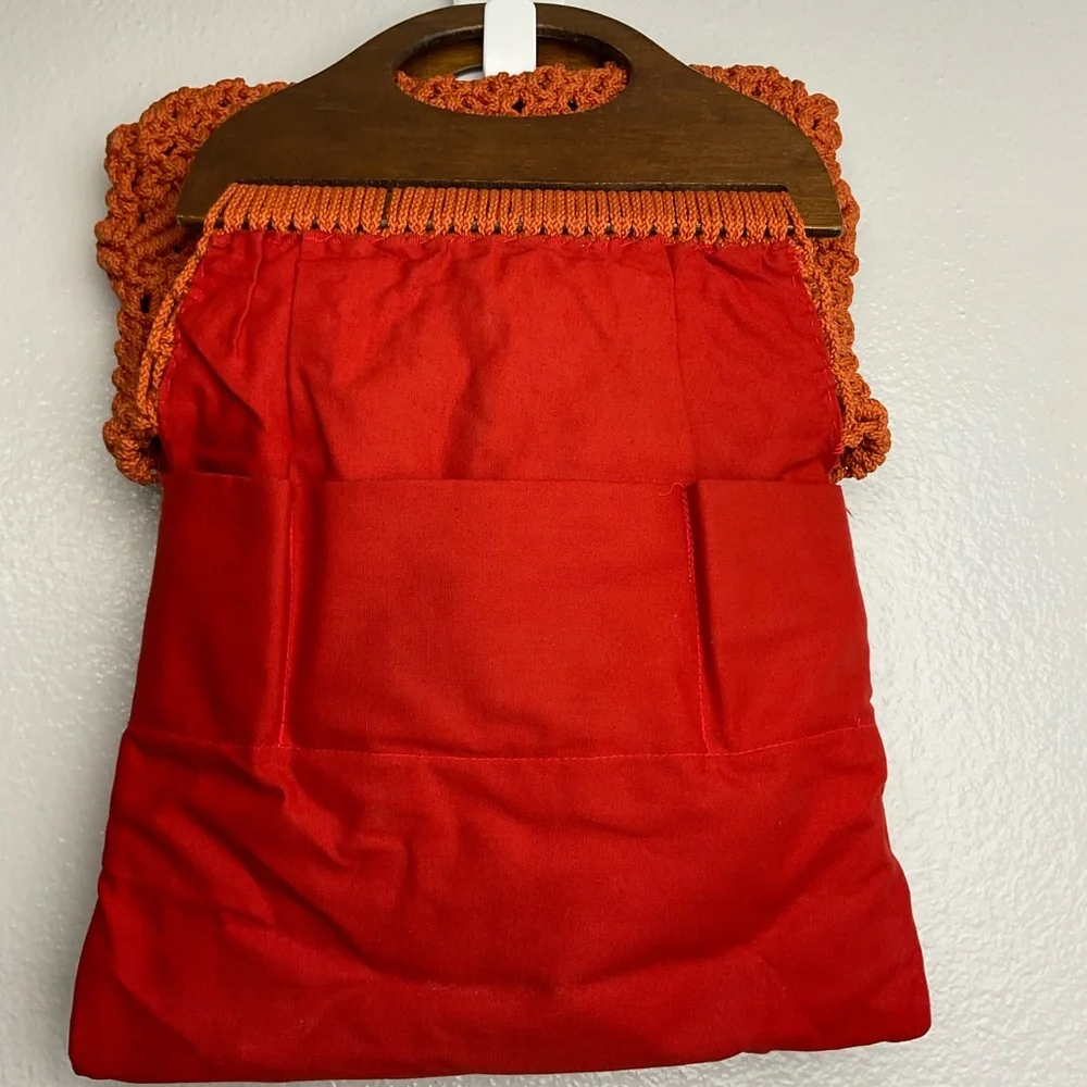 Mid century modern‎ Orange Macramé Tote with Wooden Handle